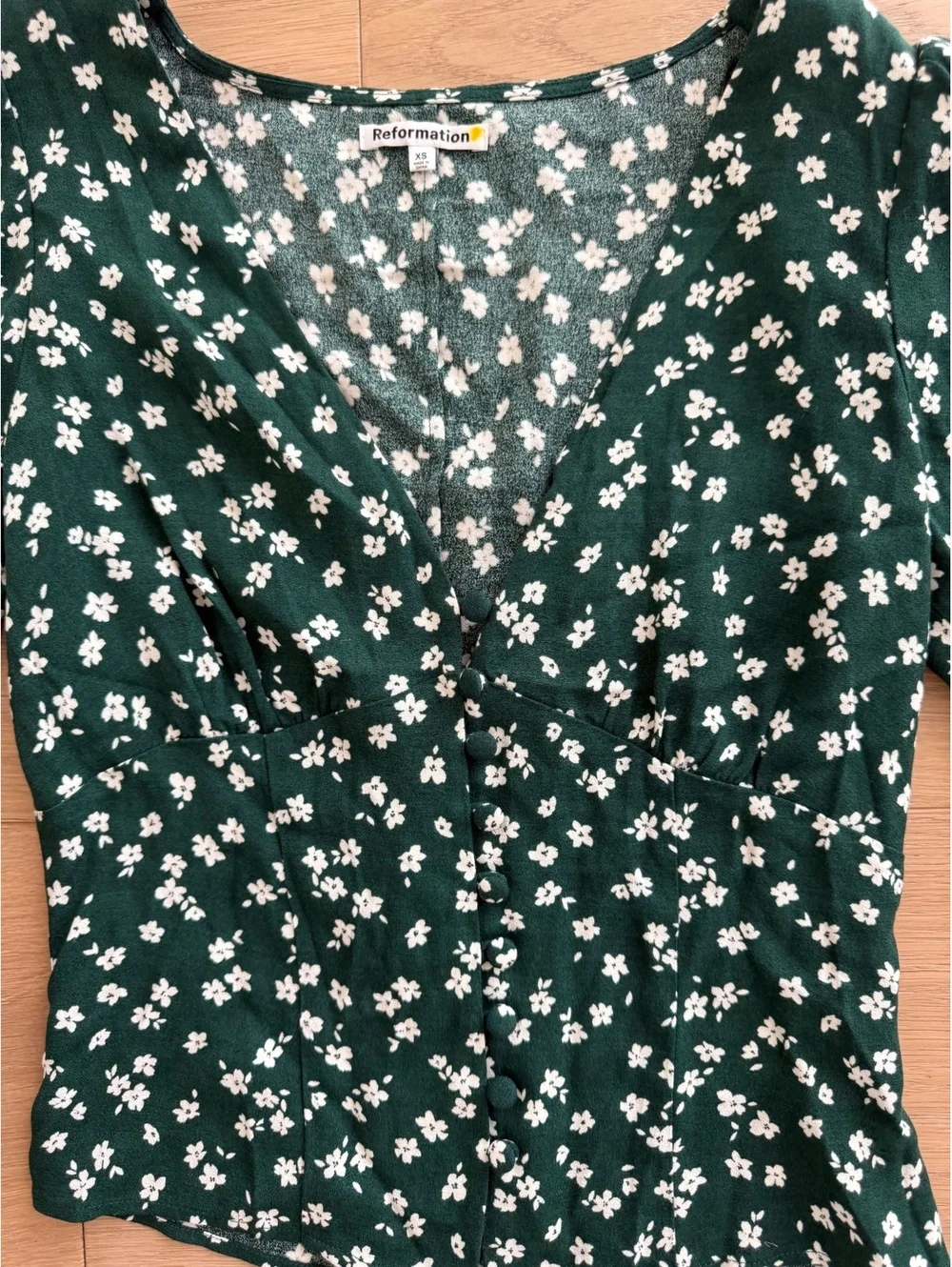 Reformation Nell Top Annette Green Floral V-Neck Button Blouse Size Small XS